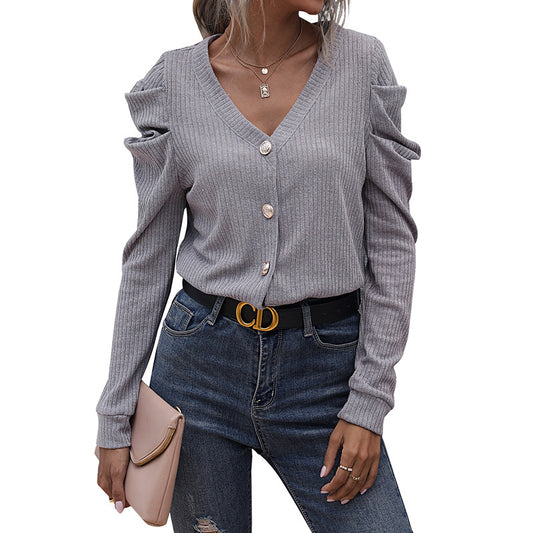 Trendy V-neck Solid Color Knitted Long Sleeve Sweater Short Jacket for Women