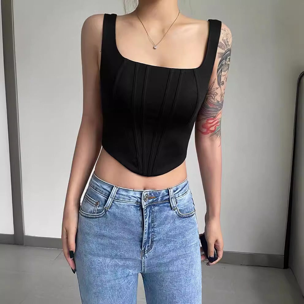 Sexy European and American large square collar low-cut tight bottoming vest women's short belly-exposing top