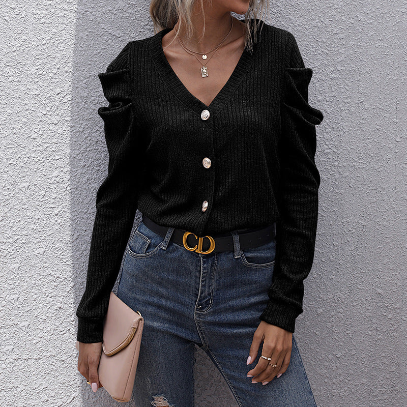 Trendy V-neck Solid Color Knitted Long Sleeve Sweater Short Jacket for Women