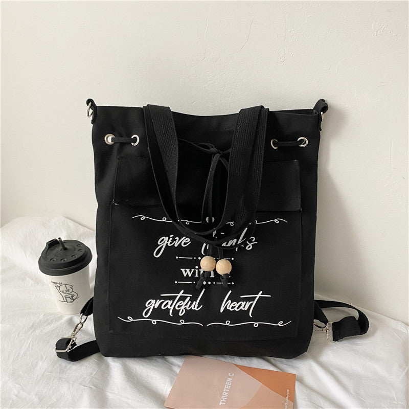 Japanese Style Letters Fresh Canvas Shoulder Bag New Student Large Capacity Drawstring Backpack Messenger Bag