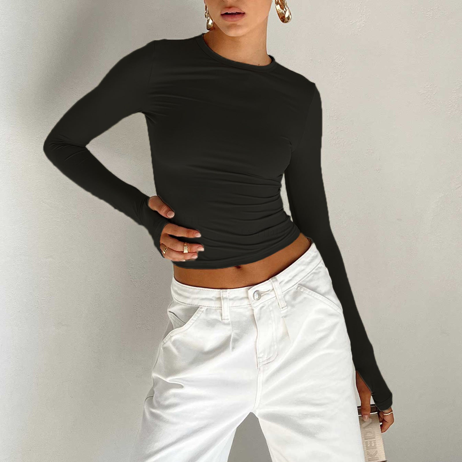 Fashionable Fitted Solid Color Round Neck T-Shirt for Women