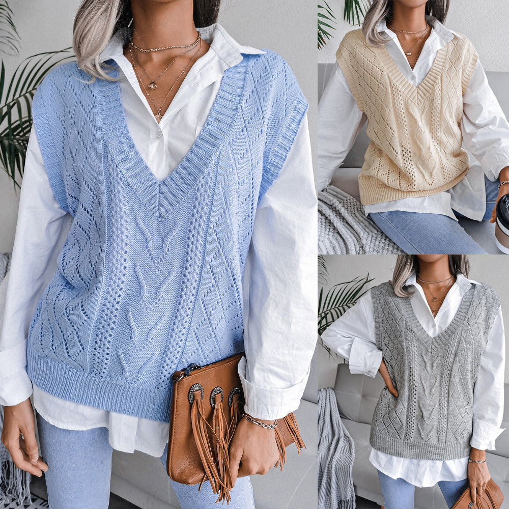 Hollow out Fried Dough Twists V-neck knitted vest sweater