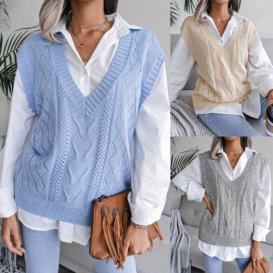 Hollow out Fried Dough Twists V-neck knitted vest sweater