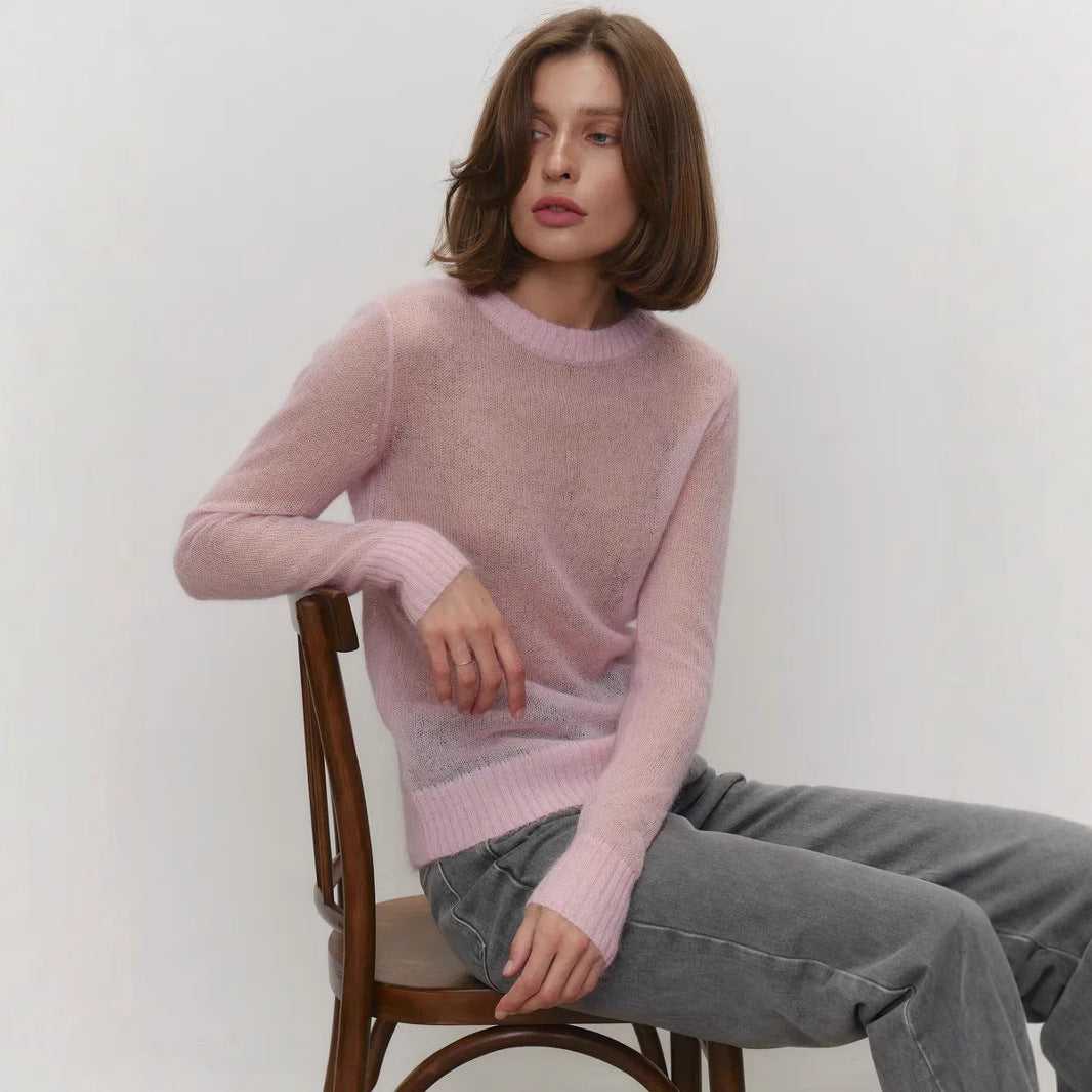 Thin Sweater Poncho Women Round Neck Transparent Basic Knitwear Candy Color