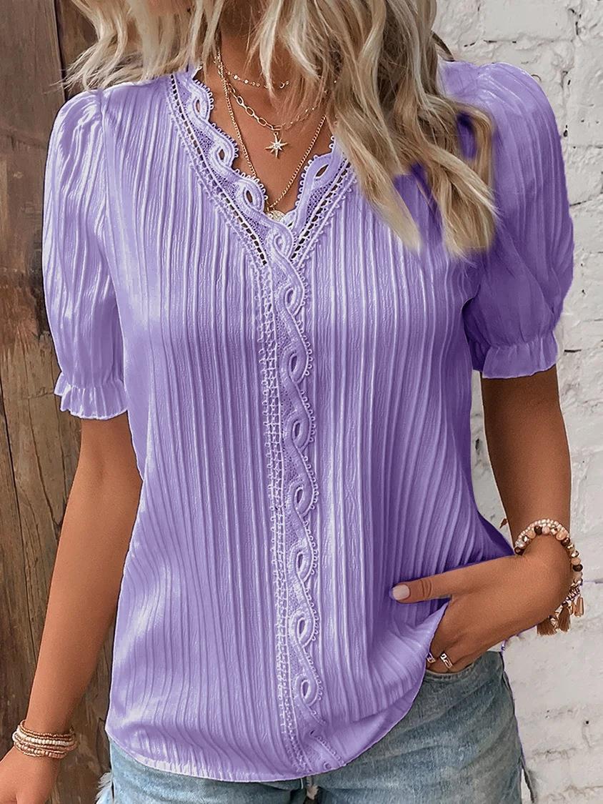 Fashion Hollow-Out Short Sleeve Shirt for Women, Summer Casual Vacation Style