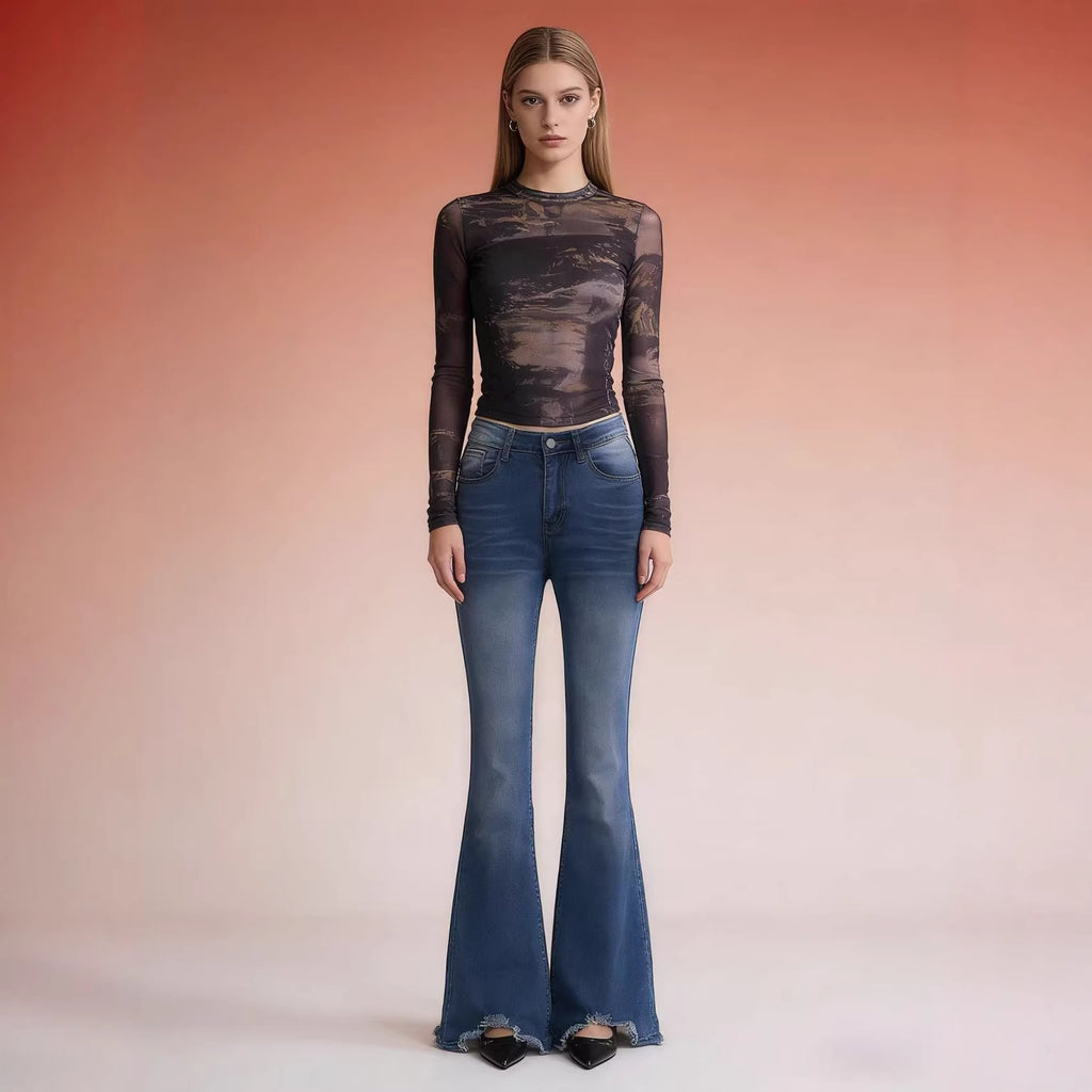 Fashion Women's New Wide-Leg Jeans, Flared Denim Pants with Ripped Hem and Raw Edge, Long Trousers