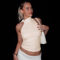 Women's Pure Color Strap Round Neck Halter Sleeveless Unique Sexy Fashion Elastic Crop Top