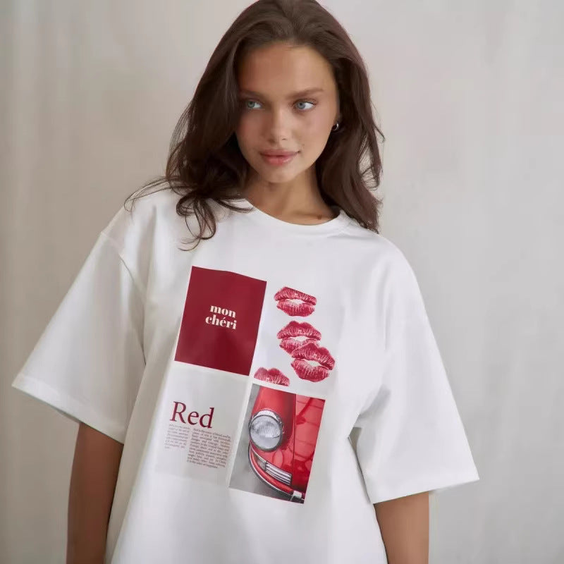 Cotton Short Sleeve T-Shirt Women Summer  New Loose Casual Versatile Fashion Printed Top Ins Style