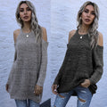 Long sleeved slim fit solid color round neck off shoulder sweater