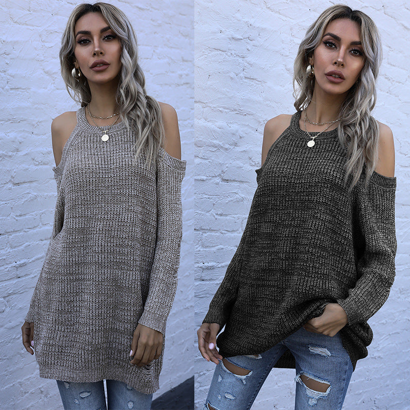 Long sleeved slim fit solid color round neck off shoulder sweater