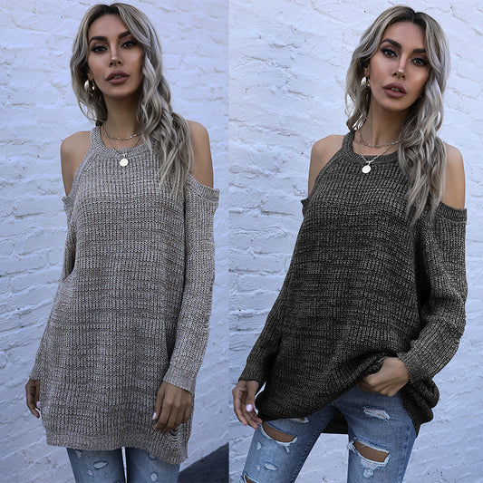 Long sleeved slim fit solid color round neck off shoulder sweater