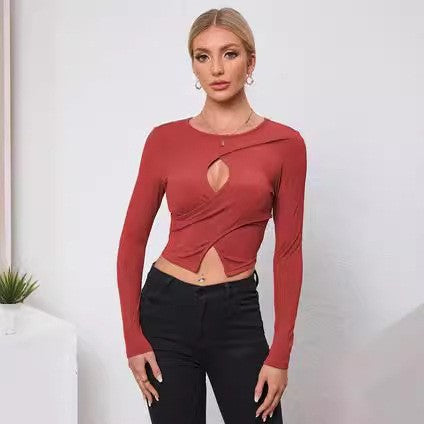 Round Neck Women's Long Sleeve Knit Versatile Solid Color Fitted Short Sexy Top