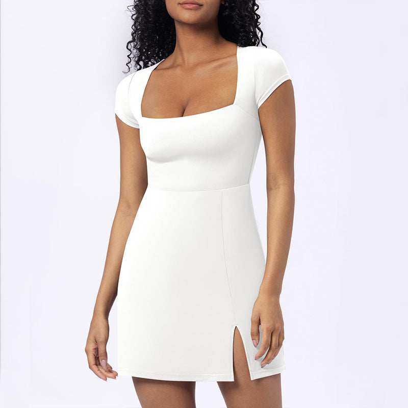 Elegant A-line Dress with U-neckSleeveless,Slim Fit StretchySolid ColorHigh Slit