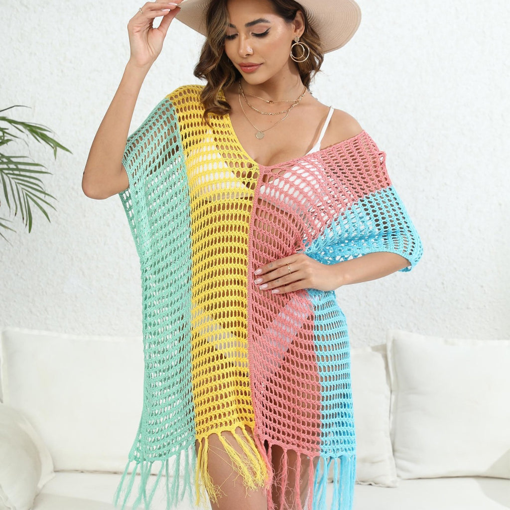 Beach Vacation Bikini Color-Blocked Fringe Cover-Up
