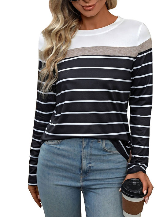 New European and American autumn women's patchwork long sleeved striped T-shirt for women