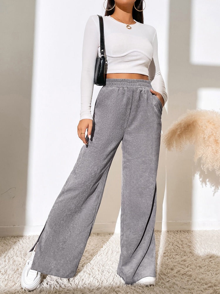 New Women's High Waist Casual Pants in Autumn and Winter Solid Corduroy Splice Slit Bottom Pants