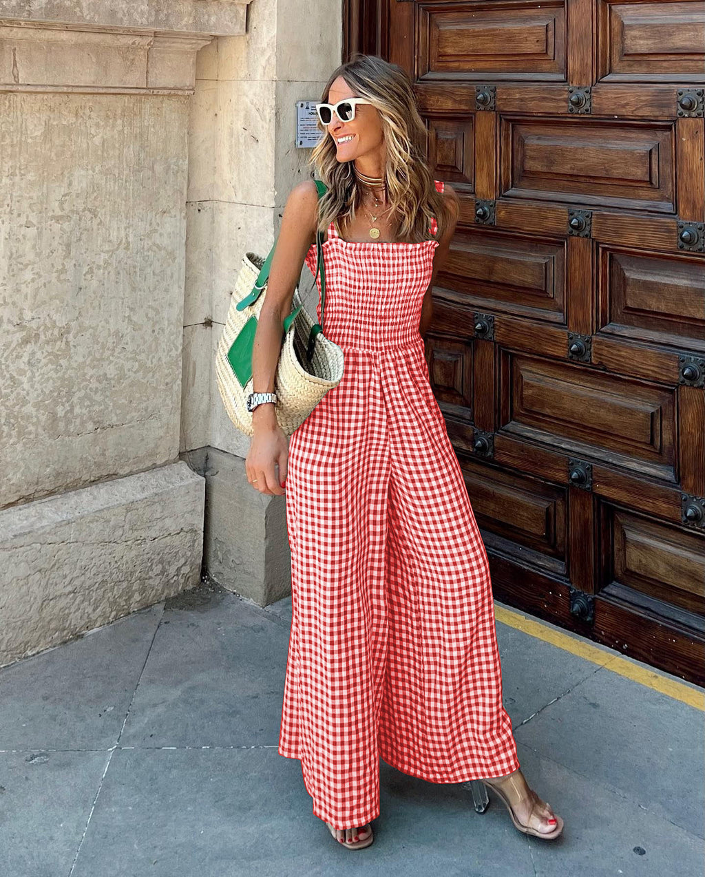 Summer Temperament Women's Trousers Plaid Jumpsuit Mid-Waist Casual Pants