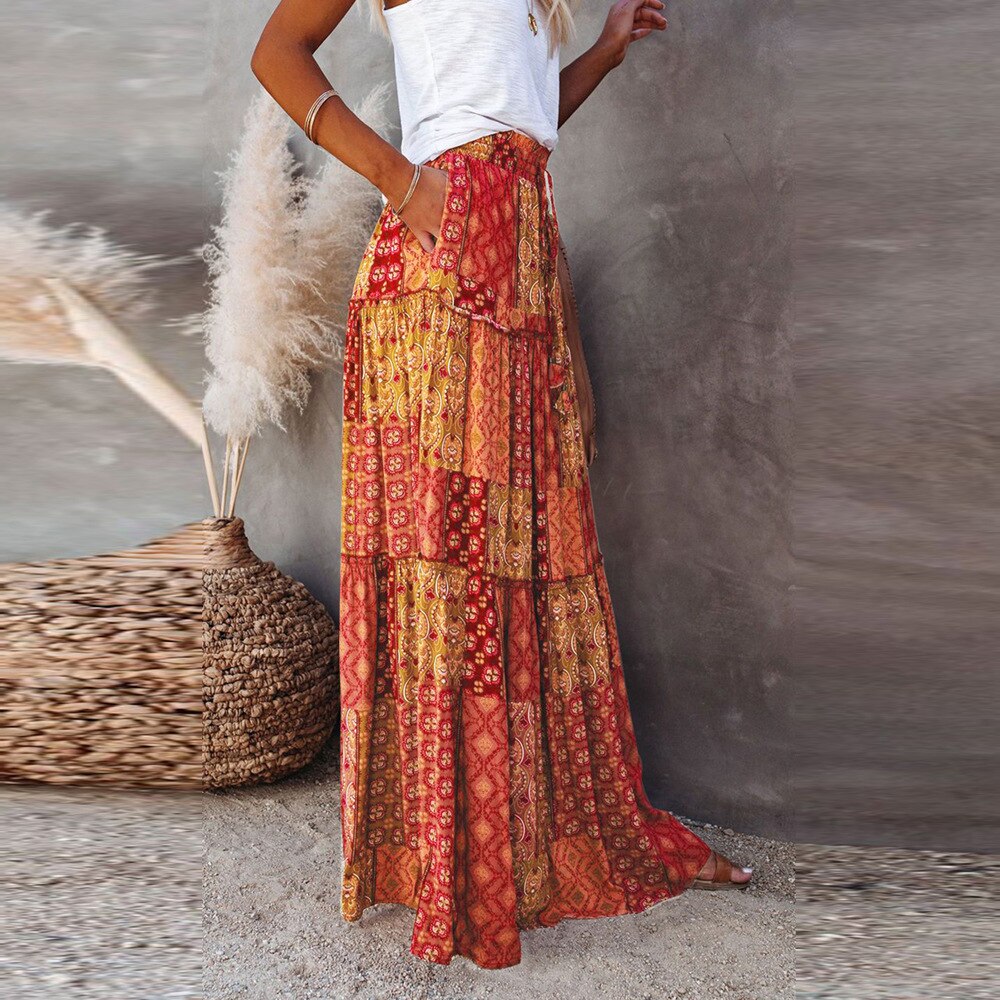 New Bohemian Skirts Casual High Waist Printing Maxi Skirts Ruffled Chic Style Holiday Skirts A-line Long Pleated Skirt