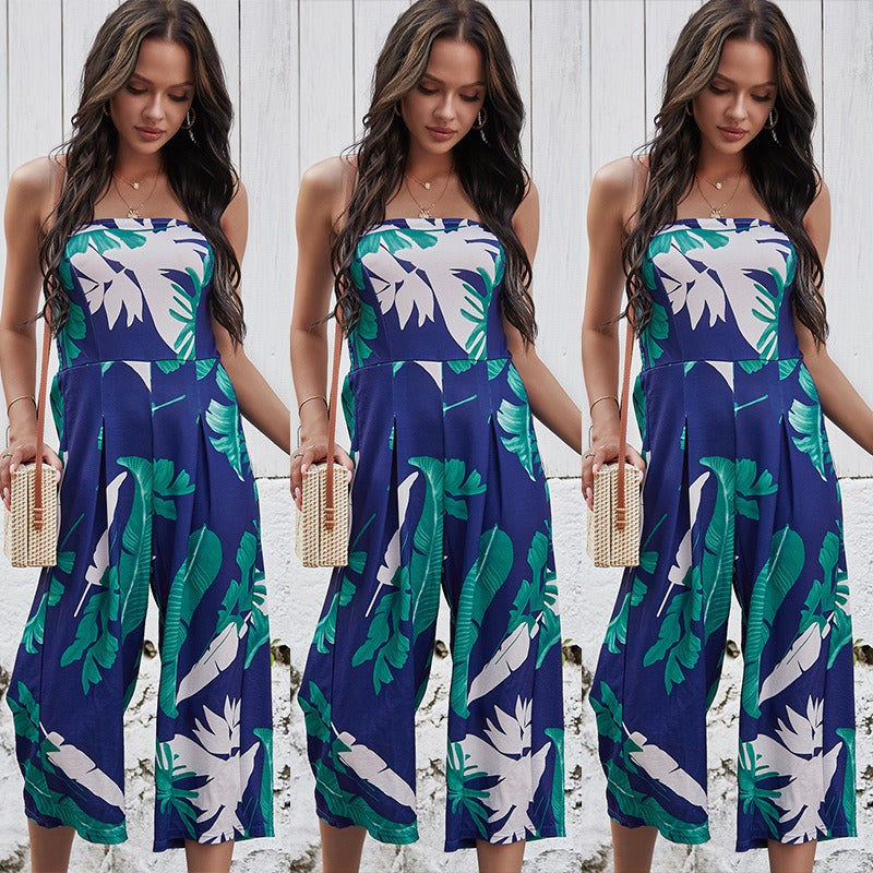 Sexy Chest Wrapped Digital Printed Jumpsuit Wide Leg Pants For Women