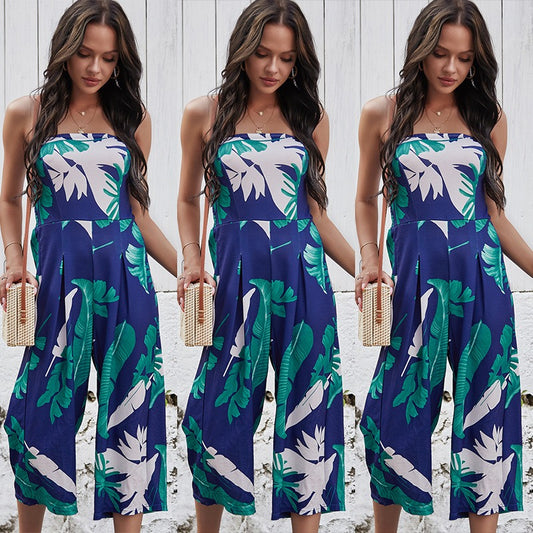 Sexy Chest Wrapped Digital Printed Jumpsuit Wide Leg Pants For Women