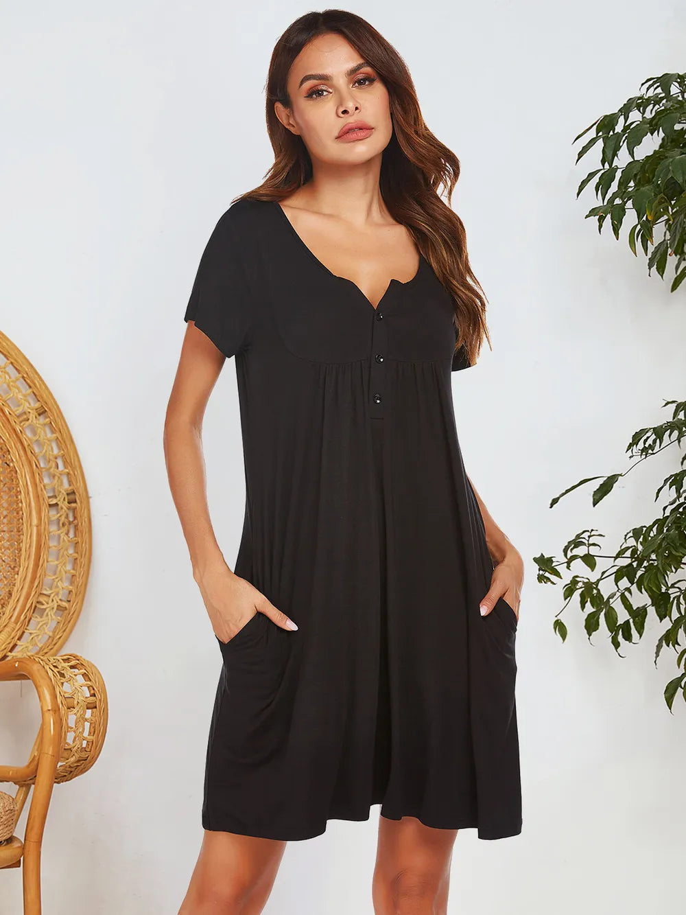 Spring and summer short sleeved pocket top button home clothes pajamas for women