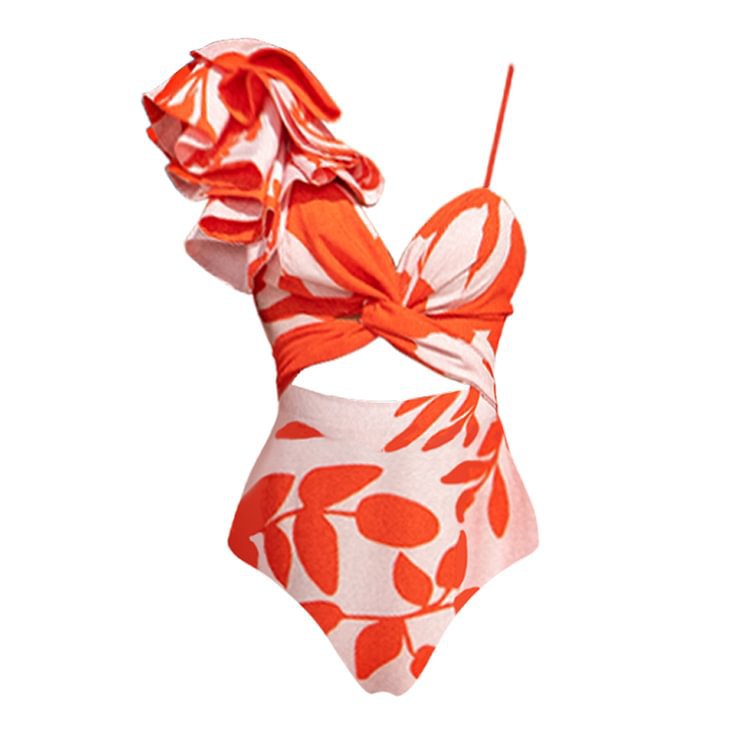 One-Shoulder Ruffle Cut-Out Printed One-Piece Swimsuit with Skirt for Women