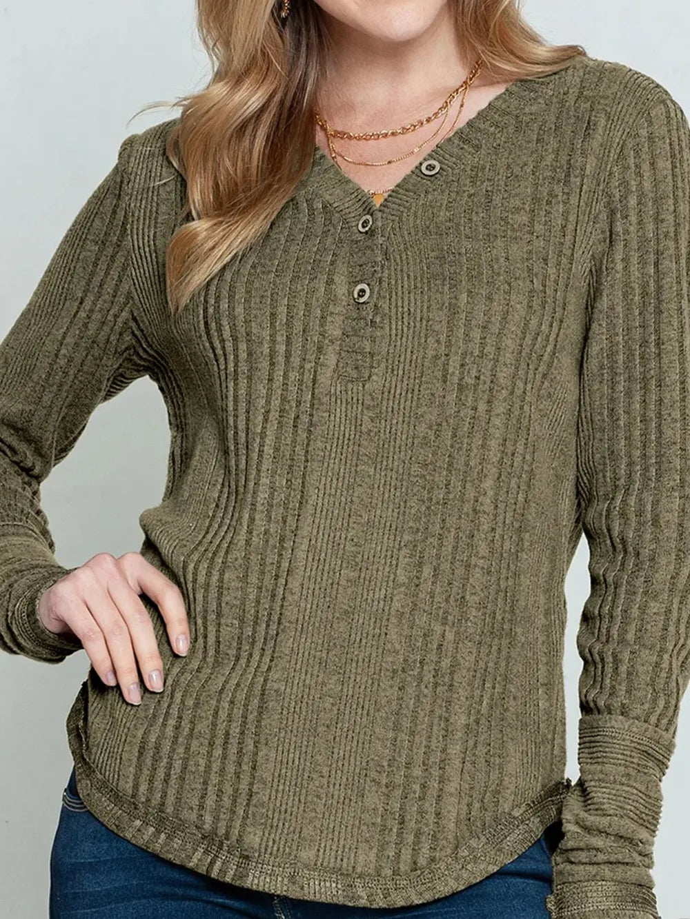 Solid color V-neck button loose long sleeved T-shirt top women's knitted sweater