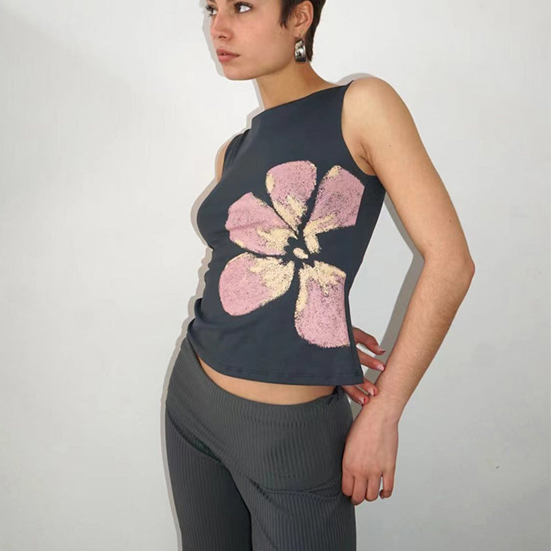 Spicy Girl Round Neck Simple Floral Print Sleeveless Vest Women's Slimming Fitted Pullover Top T-shirt