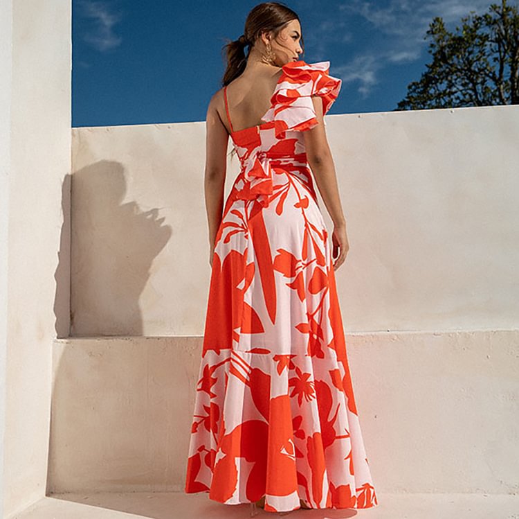 One-Shoulder Ruffle Cut-Out Printed One-Piece Swimsuit with Skirt for Women