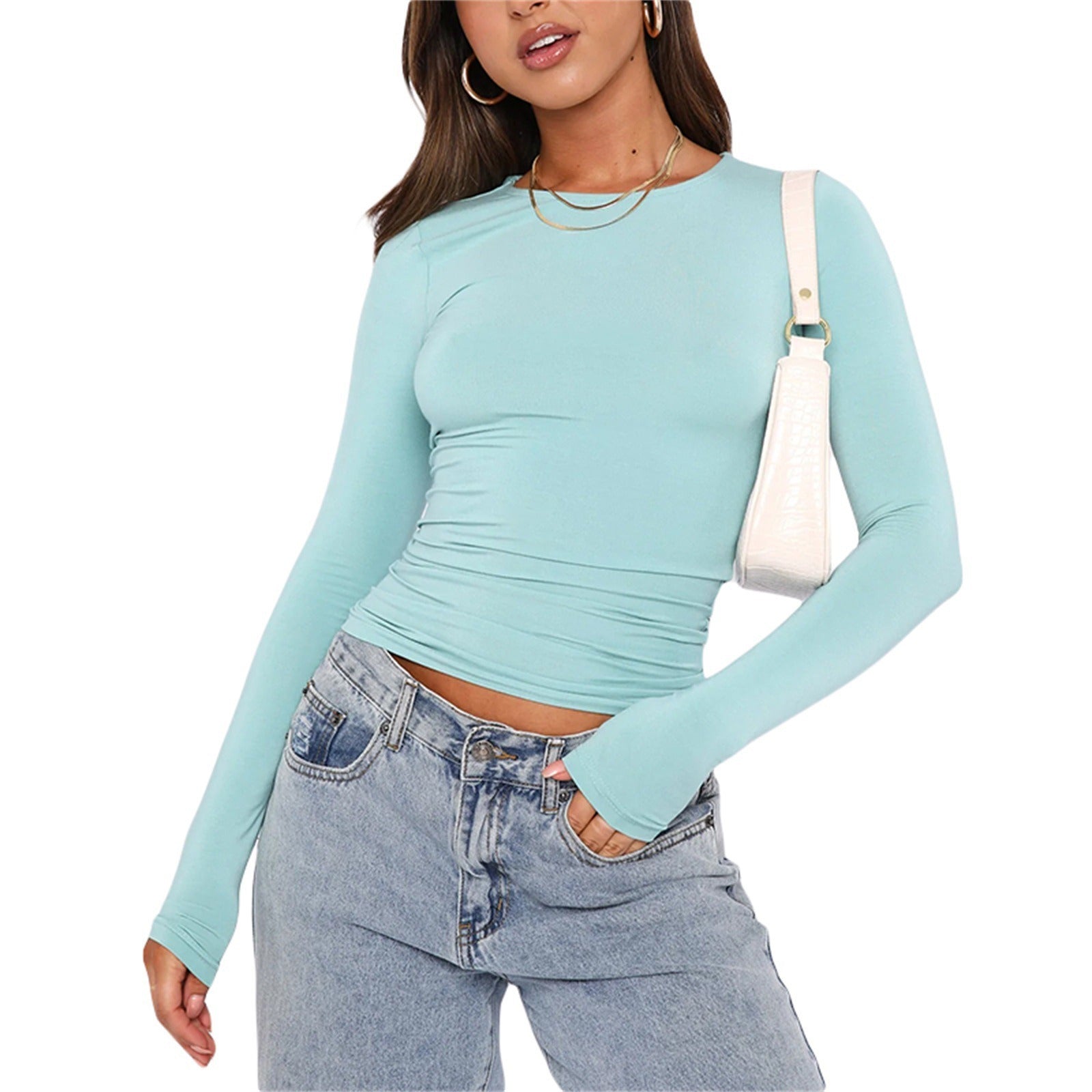 Crop Top Streetwear Women Solid Color Round Neck Long Sleeve T Shirt Basic Sweats Casual Tee Cropped